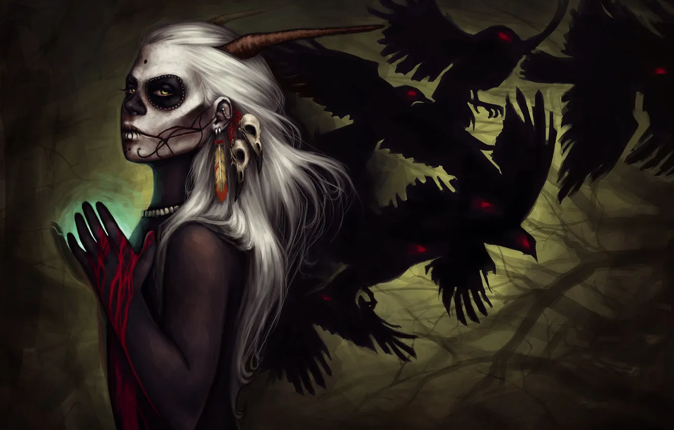 Photo wallpaper look, girl, decoration, bird, blood, figure, hairstyle