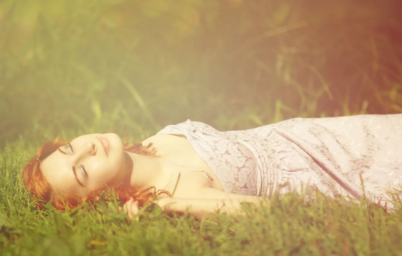 Photo wallpaper summer, grass, girl, red