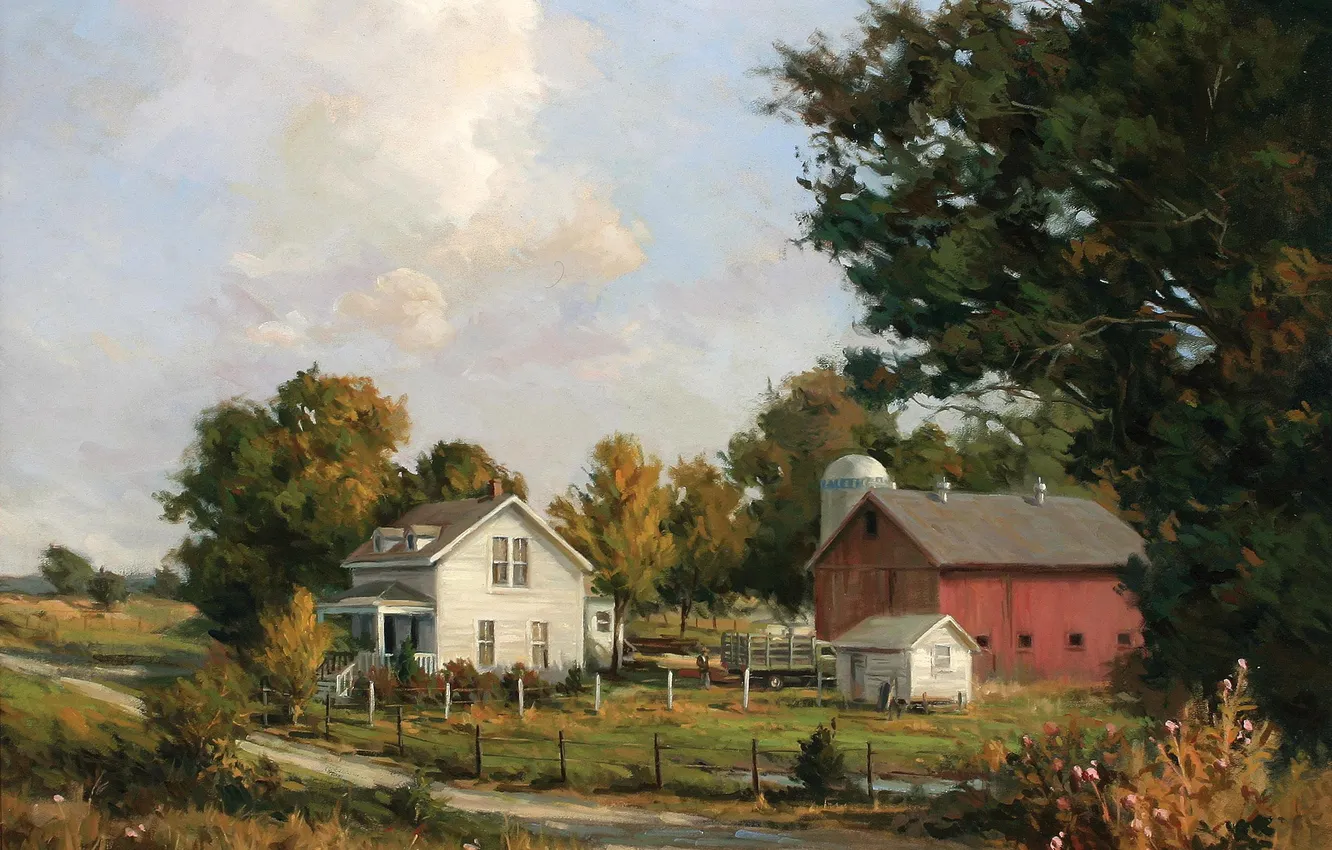 Photo wallpaper the sky, clouds, trees, landscape, home, picture, art, path