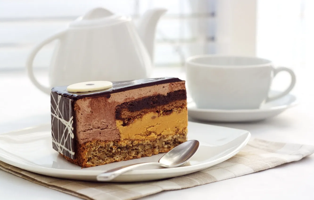Photo wallpaper chocolate, kettle, Cup, cake, piece