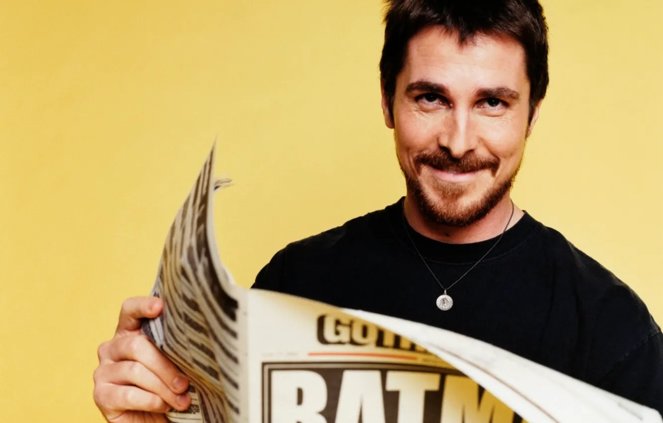 Photo wallpaper newspaper, actor, Batman, yellow background, Christian Bale, newspapers, Actors
