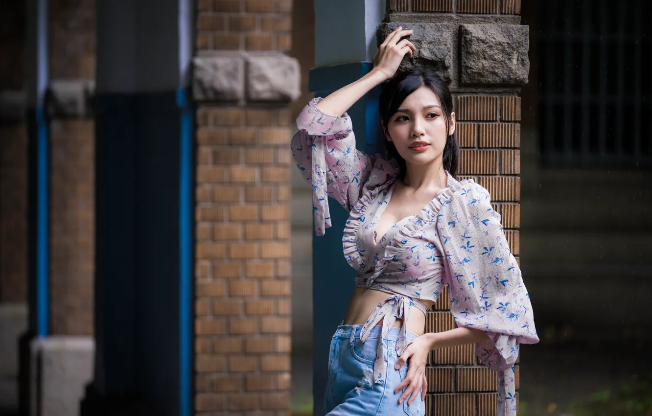 Photo wallpaper look, brunette, Asian