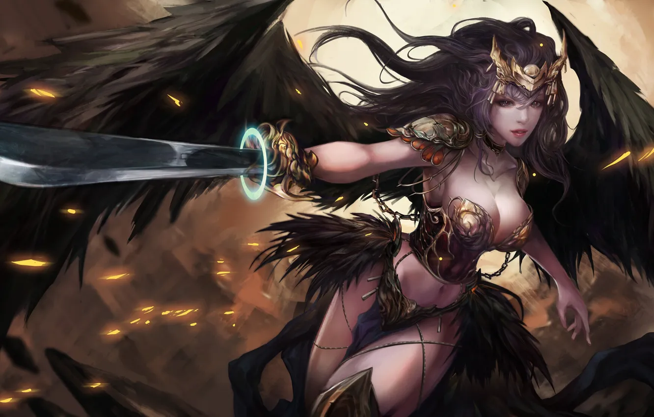 Photo wallpaper girl, style, fiction, wings, sword, figure, girl, sword