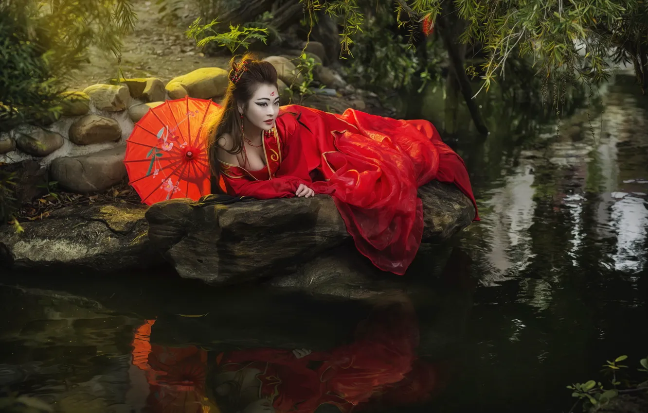 Photo wallpaper girl, lake, Asian