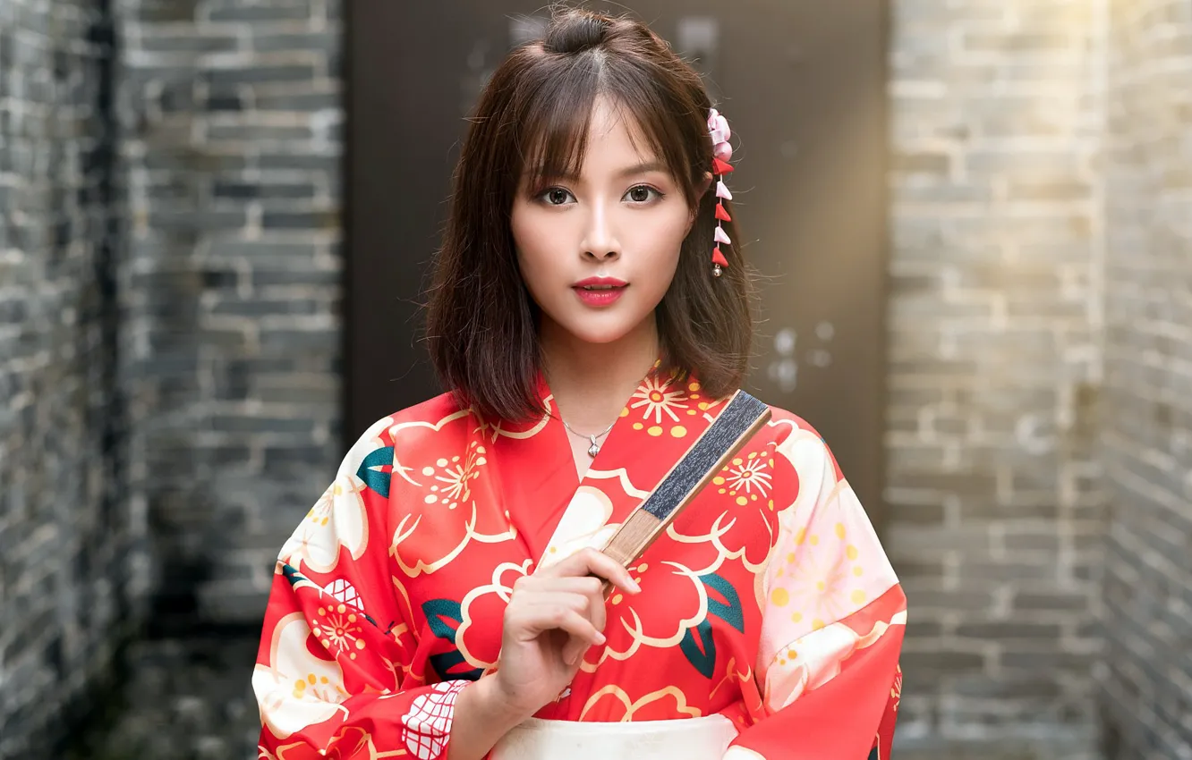 Photo wallpaper girl, fan, kimono, Asian, cutie