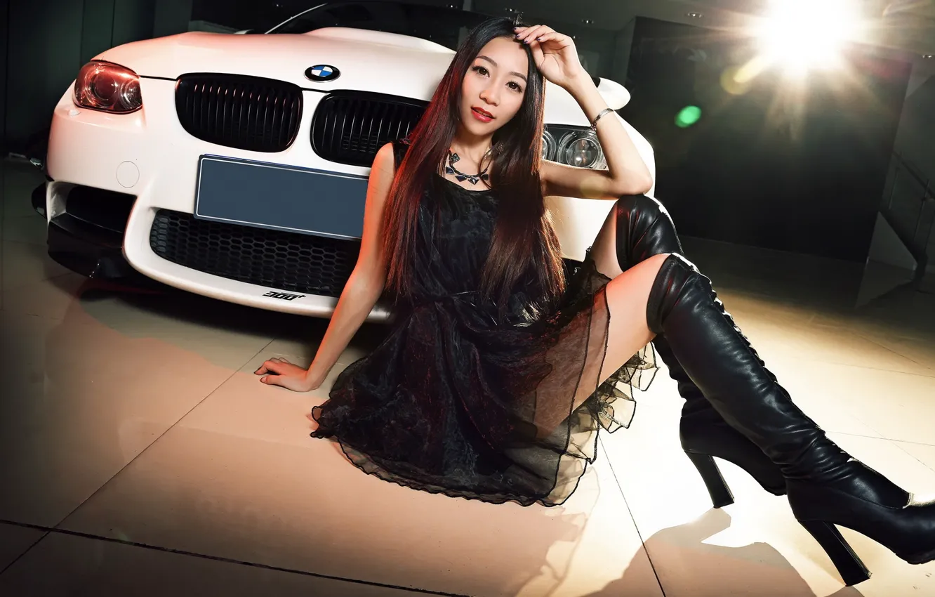 Photo wallpaper auto, look, girl, BMW, Asian, beautiful girl, sitting on the machine