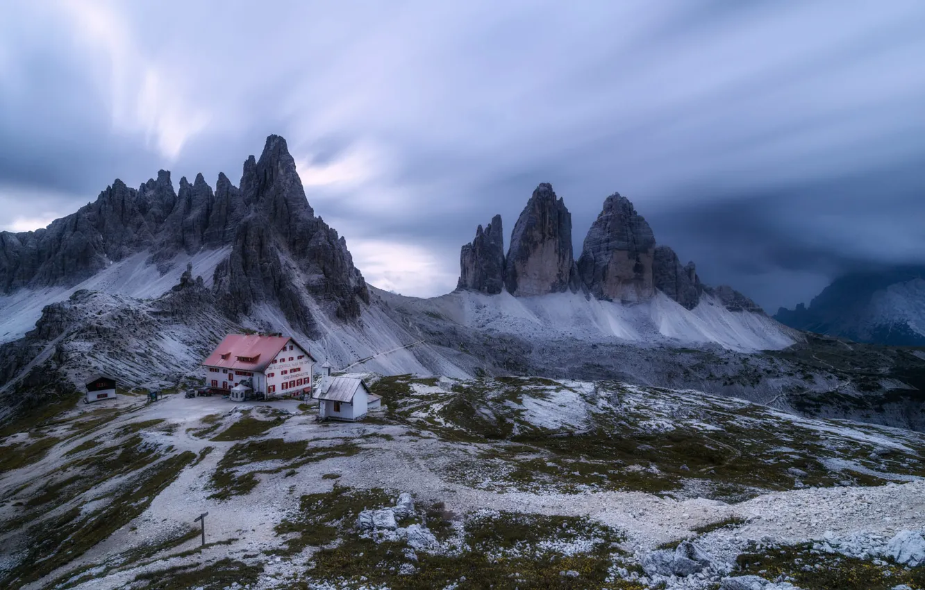 Photo wallpaper mountains, slope, house, The Dolomites