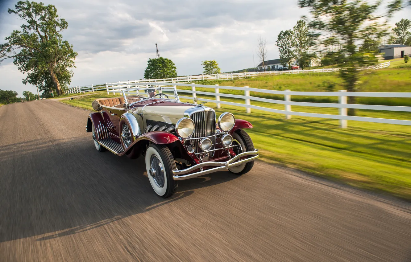 Photo wallpaper road, auto, retro, speed, convertible, Duesenberg, LWB, Phaeton