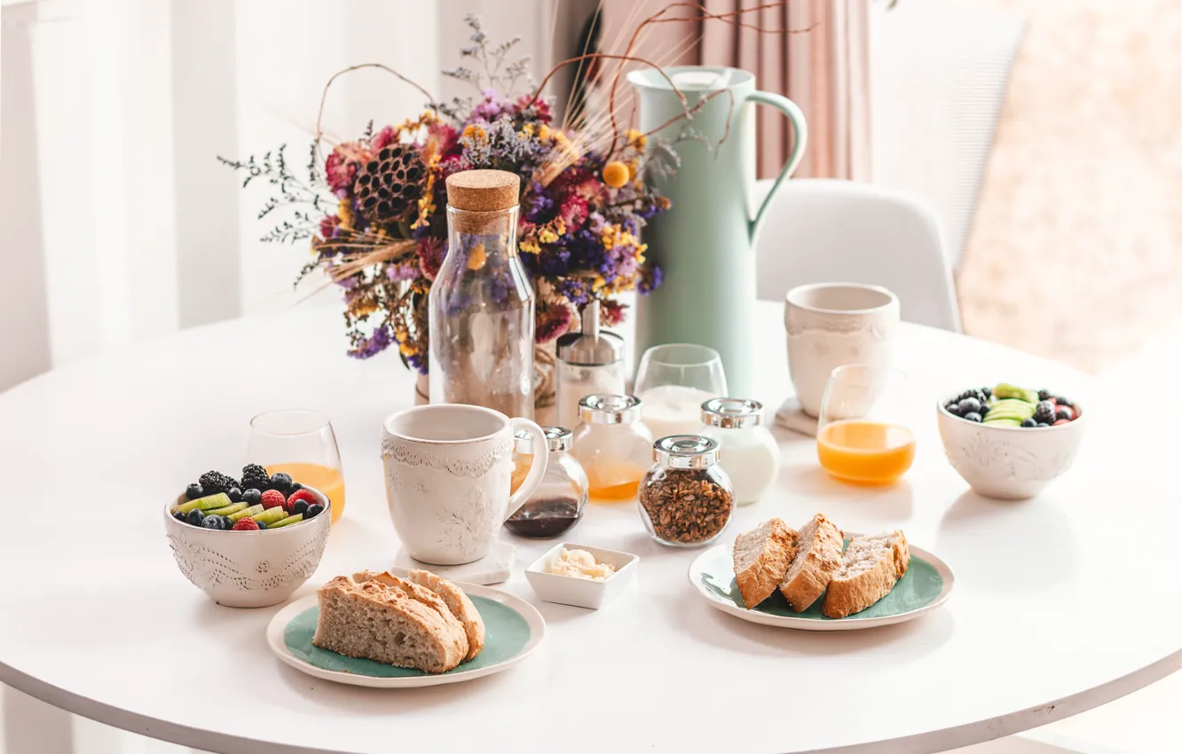Photo wallpaper Flowers, Table, Vase, Fruit, Food, Breakfast, Juice, Bread