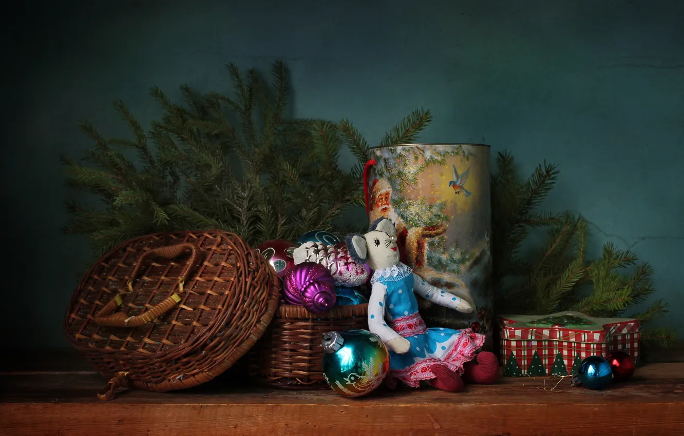 Photo wallpaper decoration, toys, tree, new year, Christmas, doll, mouse, gifts
