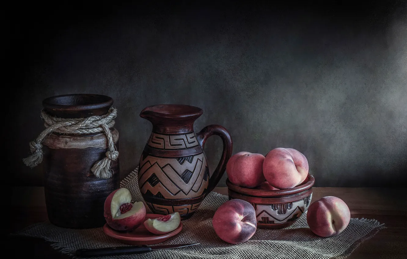 Photo wallpaper knife, pitcher, still life, peaches, Fresh peaches