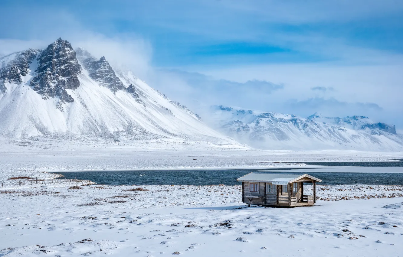 Photo wallpaper winter, field, clouds, snow, mountains, rocks, shore, tops