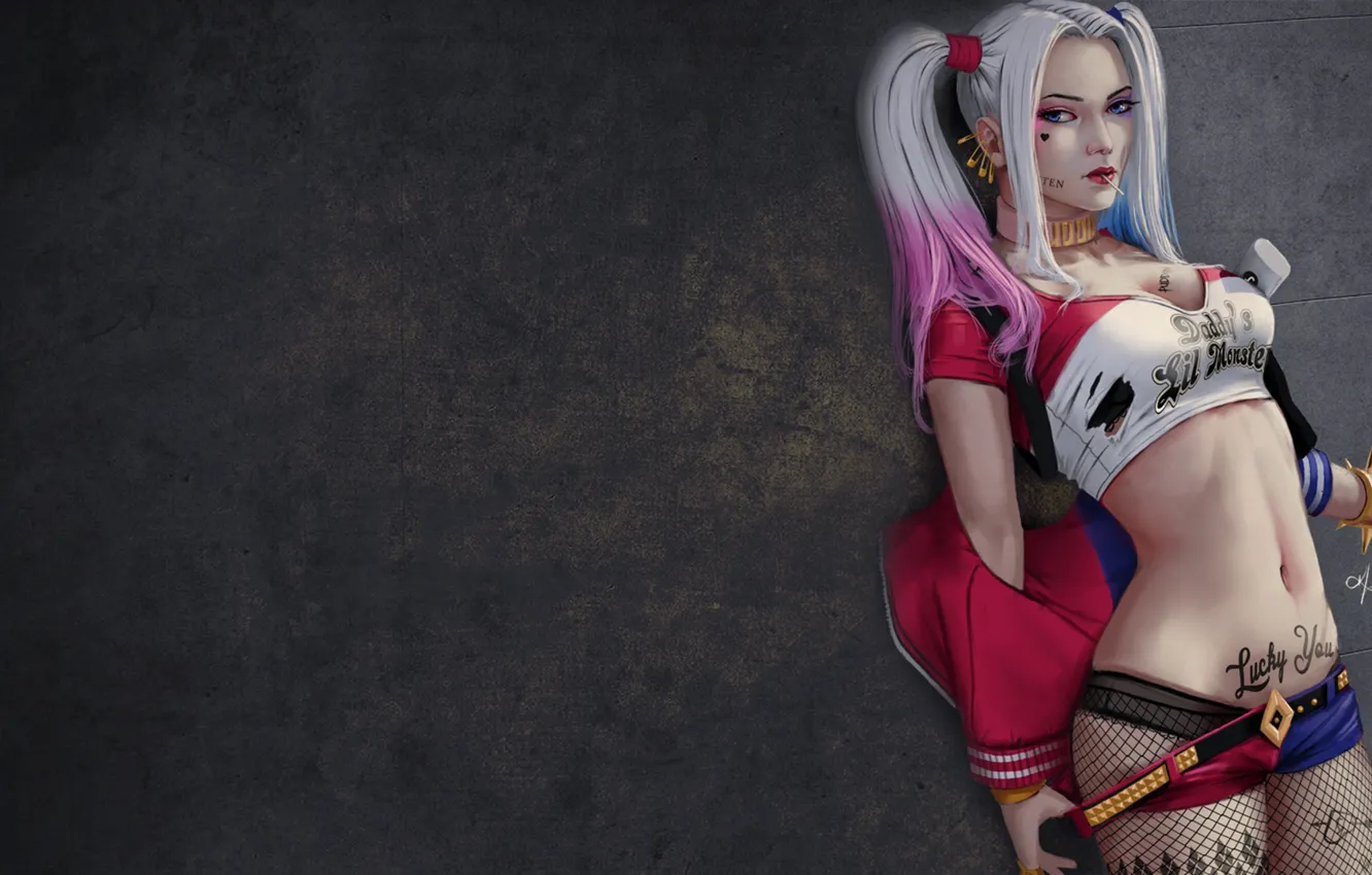 Photo wallpaper DC Comics, Harley Quinn, fishnet, collar, baseball bat, superheroine