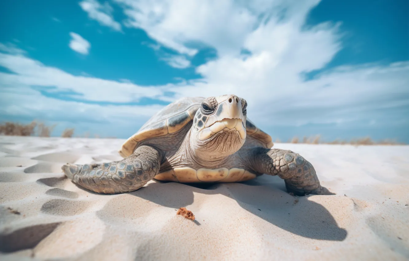 Photo wallpaper sand, shore, turtle, sea turtle, AI art, neural network