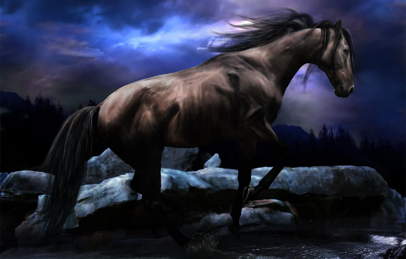 Photo wallpaper stream, horse, color
