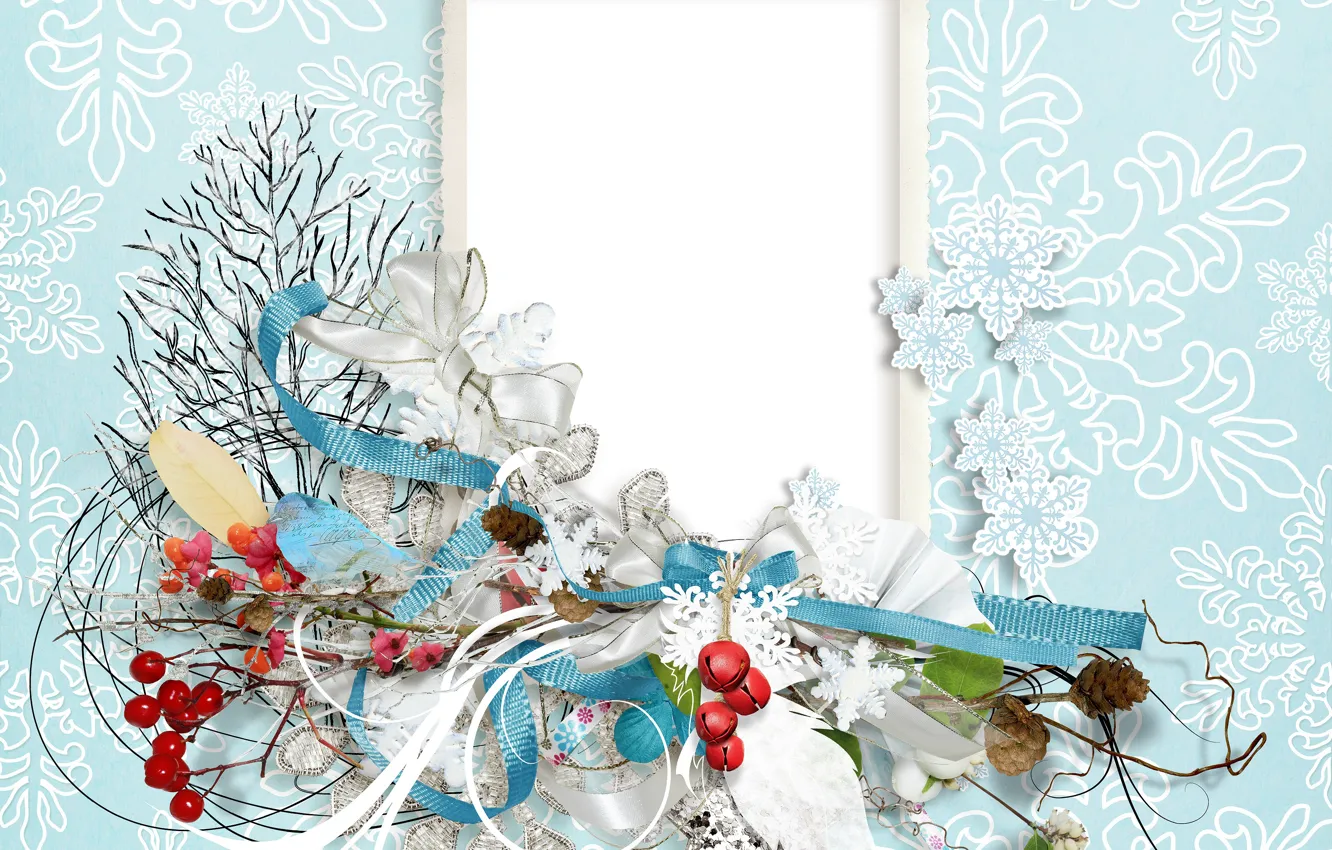 Photo wallpaper snowflakes, branches, holiday, frame, New year, postcard