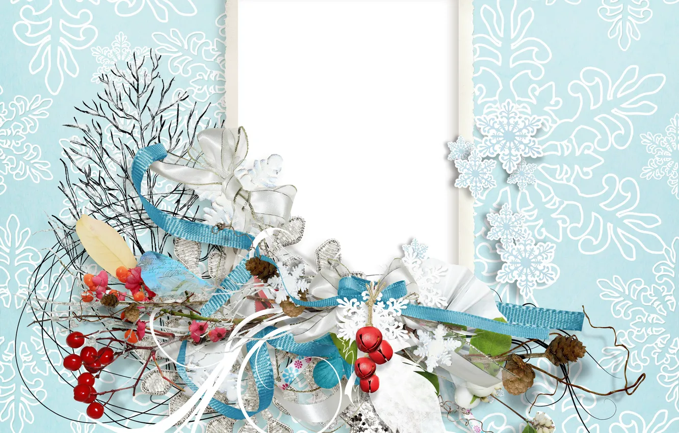 Photo wallpaper snowflakes, branches, holiday, new year, frame, postcard