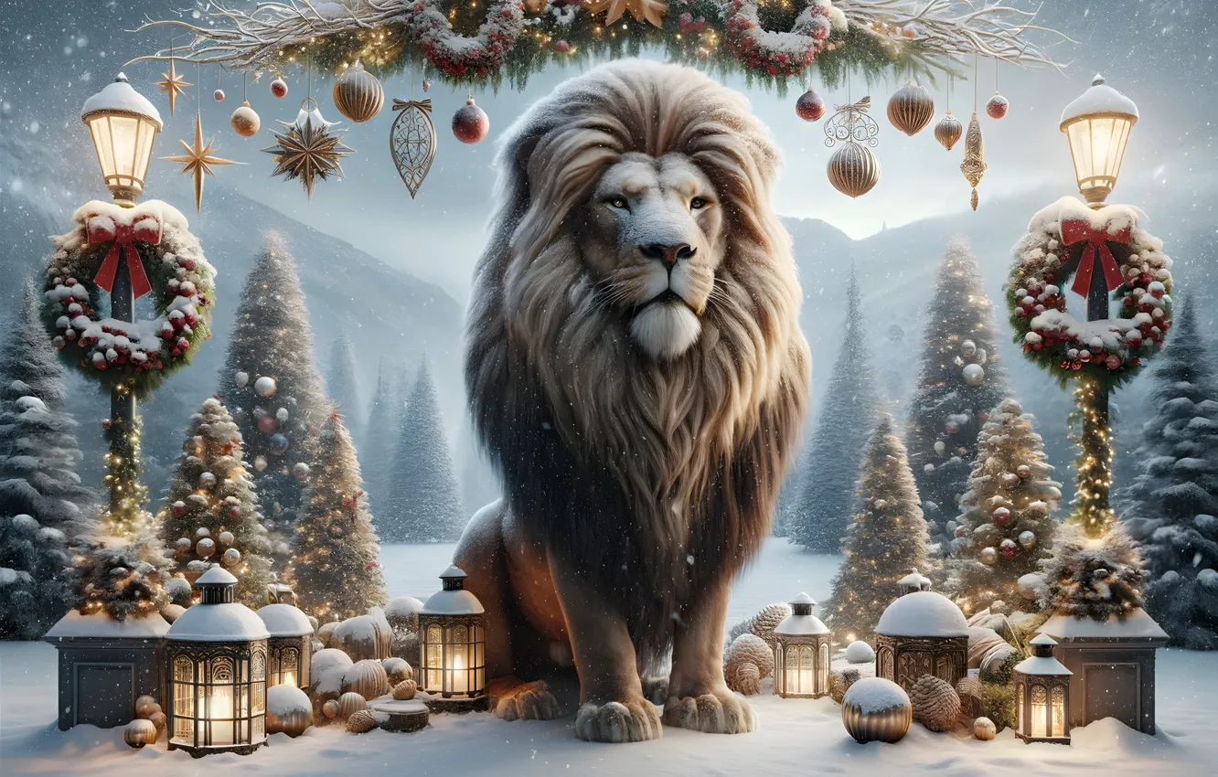 Photo wallpaper winter, forest, look, face, stars, balls, snow, decoration