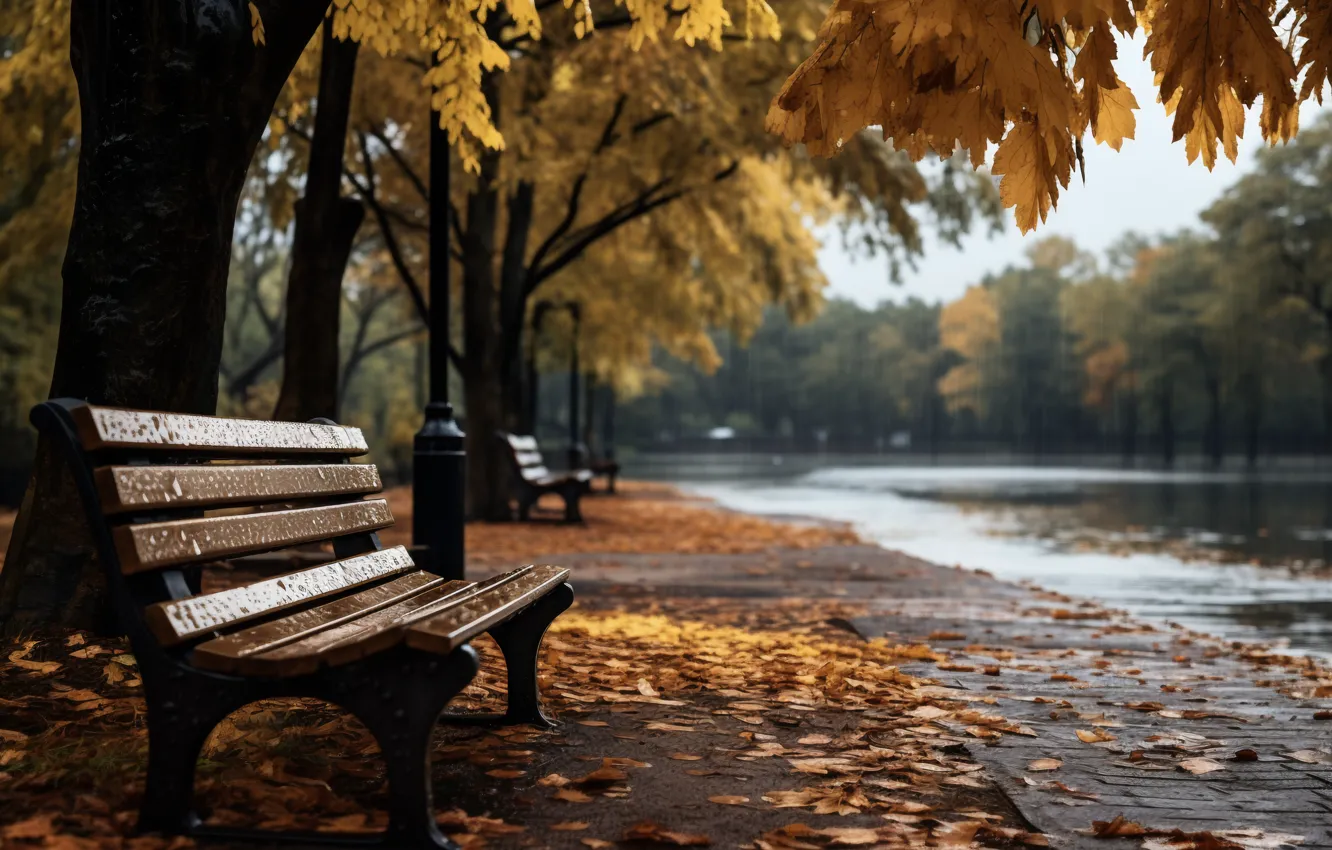 Photo wallpaper autumn, leaves, bench, Park, trees, park, autumn, leaves