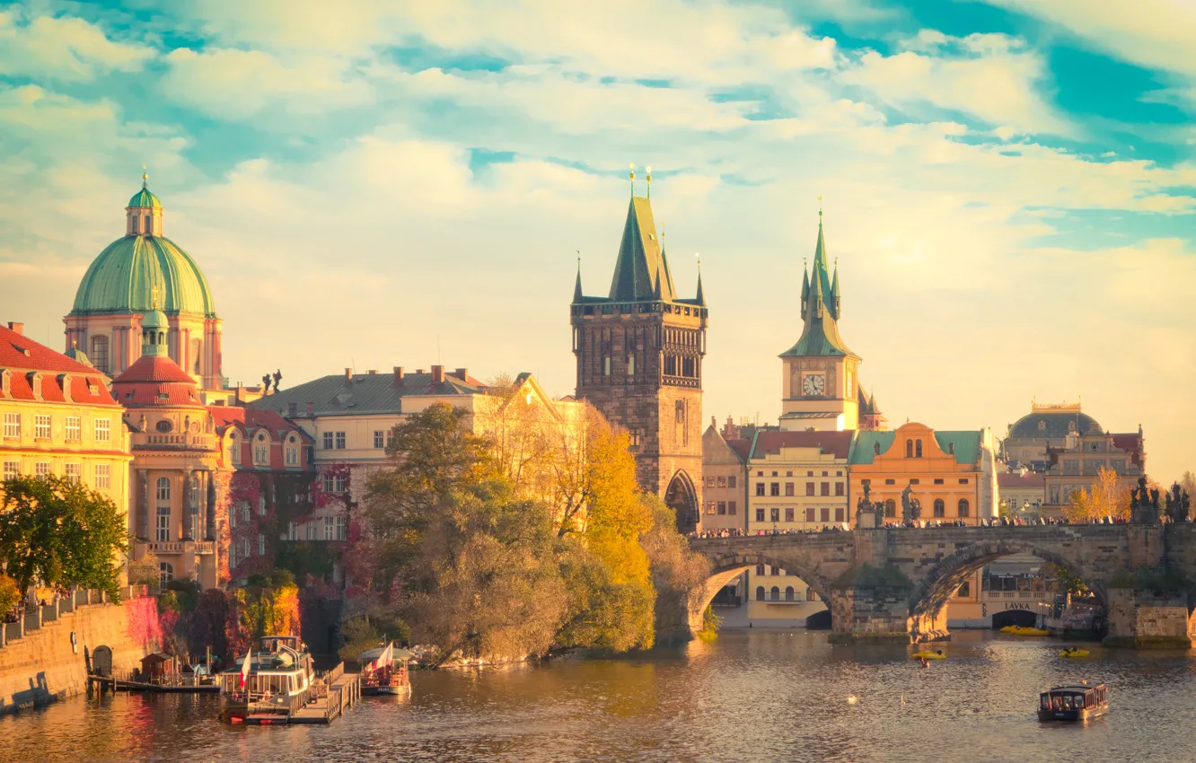 Photo wallpaper the sky, clouds, people, ship, Prague, Czech Republic, Charles bridge, the Vltava river