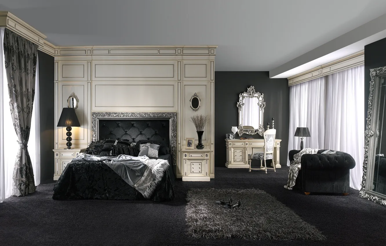 Photo wallpaper white, carpet, black, bed, chair, mirror, bedroom