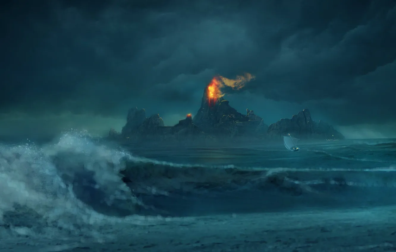 Photo wallpaper mountains, fire, boat, Wave, Risen