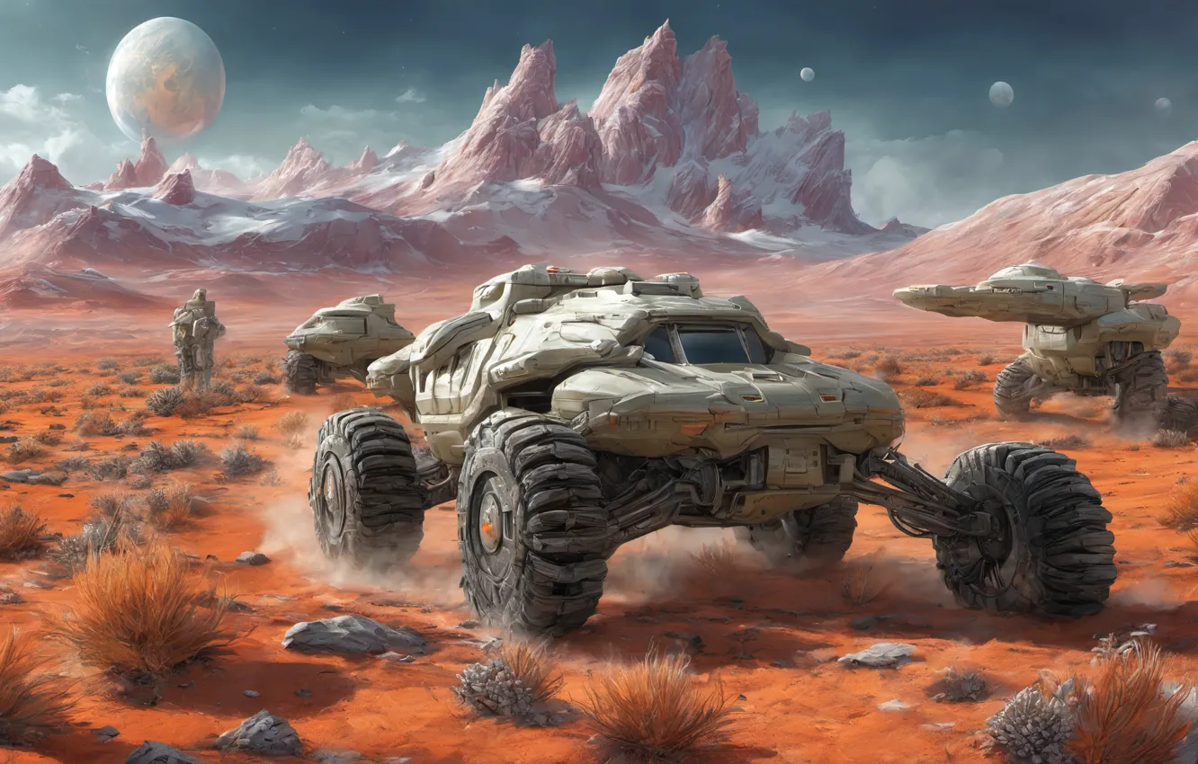 Photo wallpaper art, rocks, Fiction, alien world, Expedition, equipment