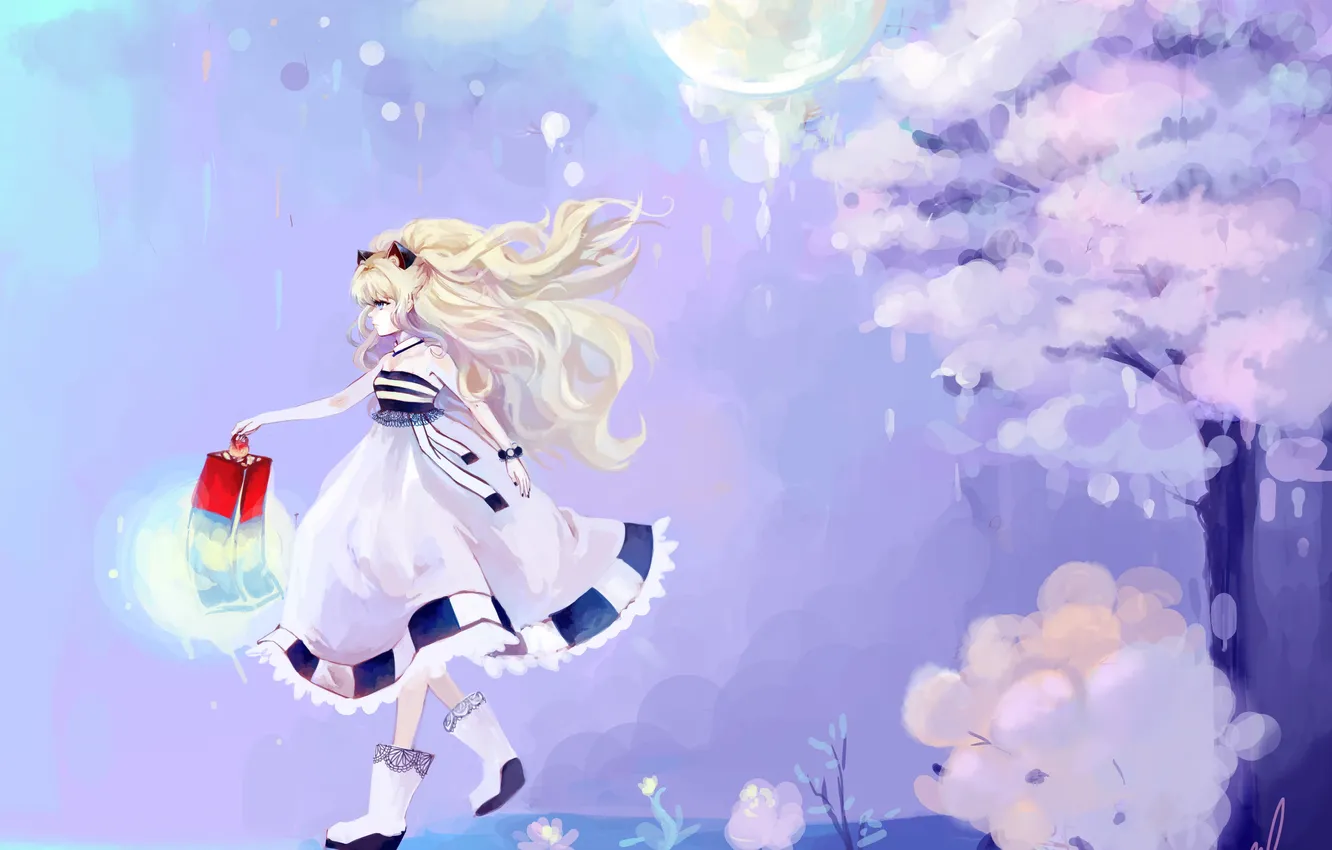 Photo wallpaper girl, trees, flowers, night, the moon, art, lights, vocaloid