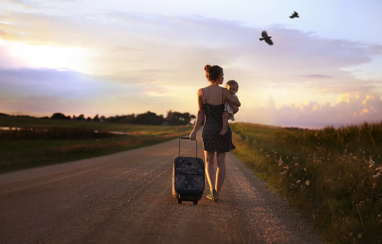 Photo wallpaper road, daughter, mother