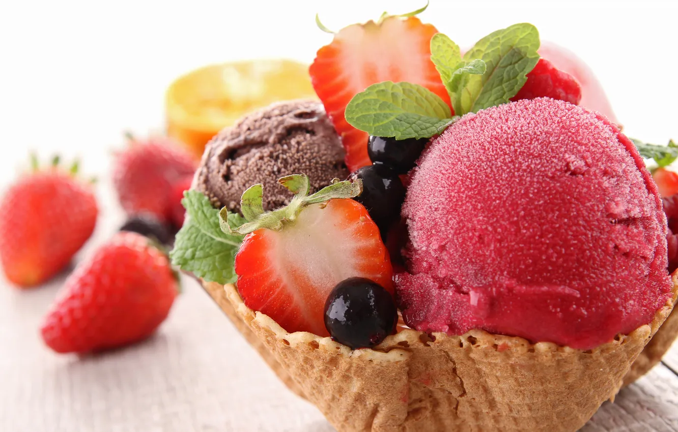 Photo wallpaper sweet, strawberry, dessert, berries, ice cream