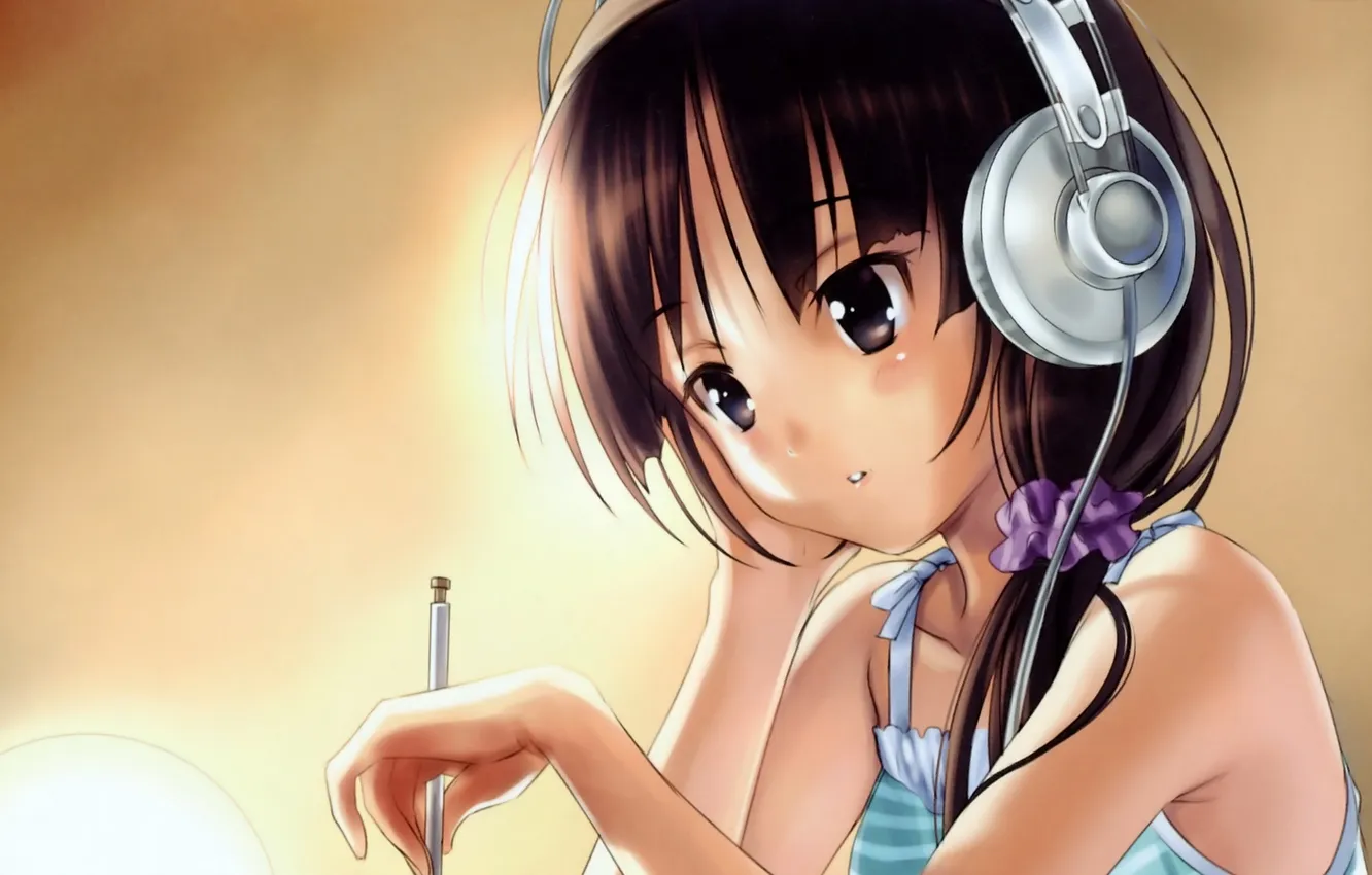 Photo wallpaper girl, pencils, headphones, sitting, mio akiyama, k-on!