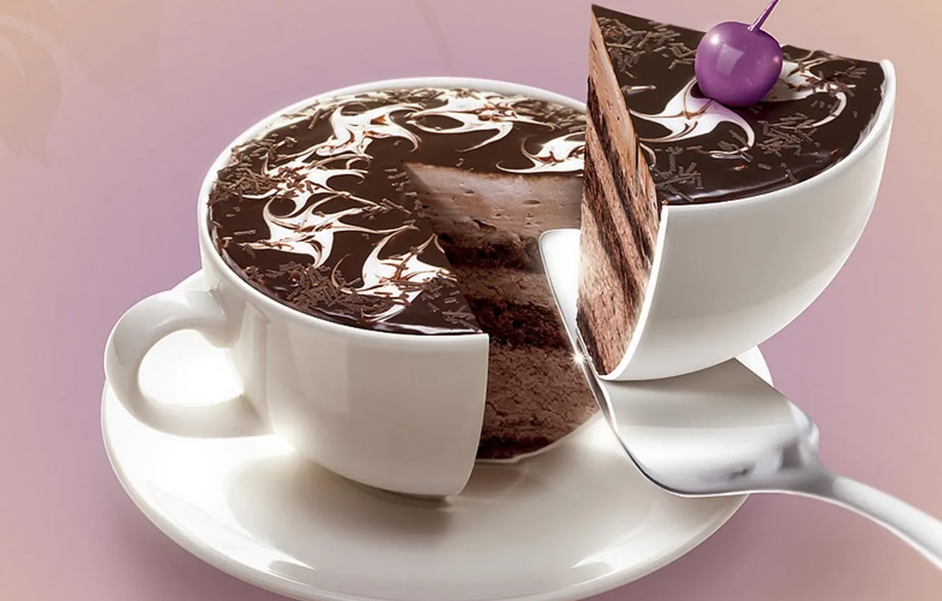 Photo wallpaper cherry, plate, spoon, Cup, cake, cream, cake, cake