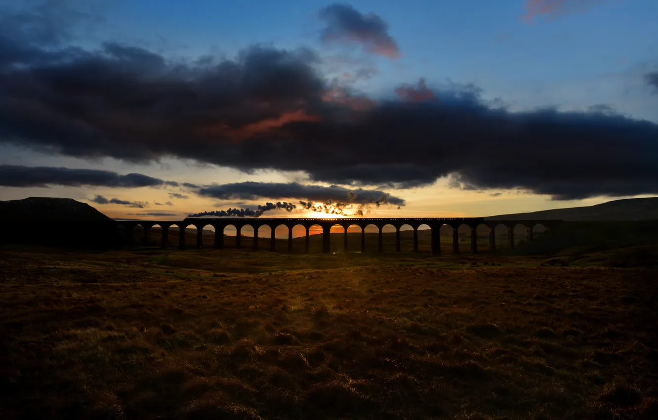 Photo wallpaper landscape, sunset, bridge, train