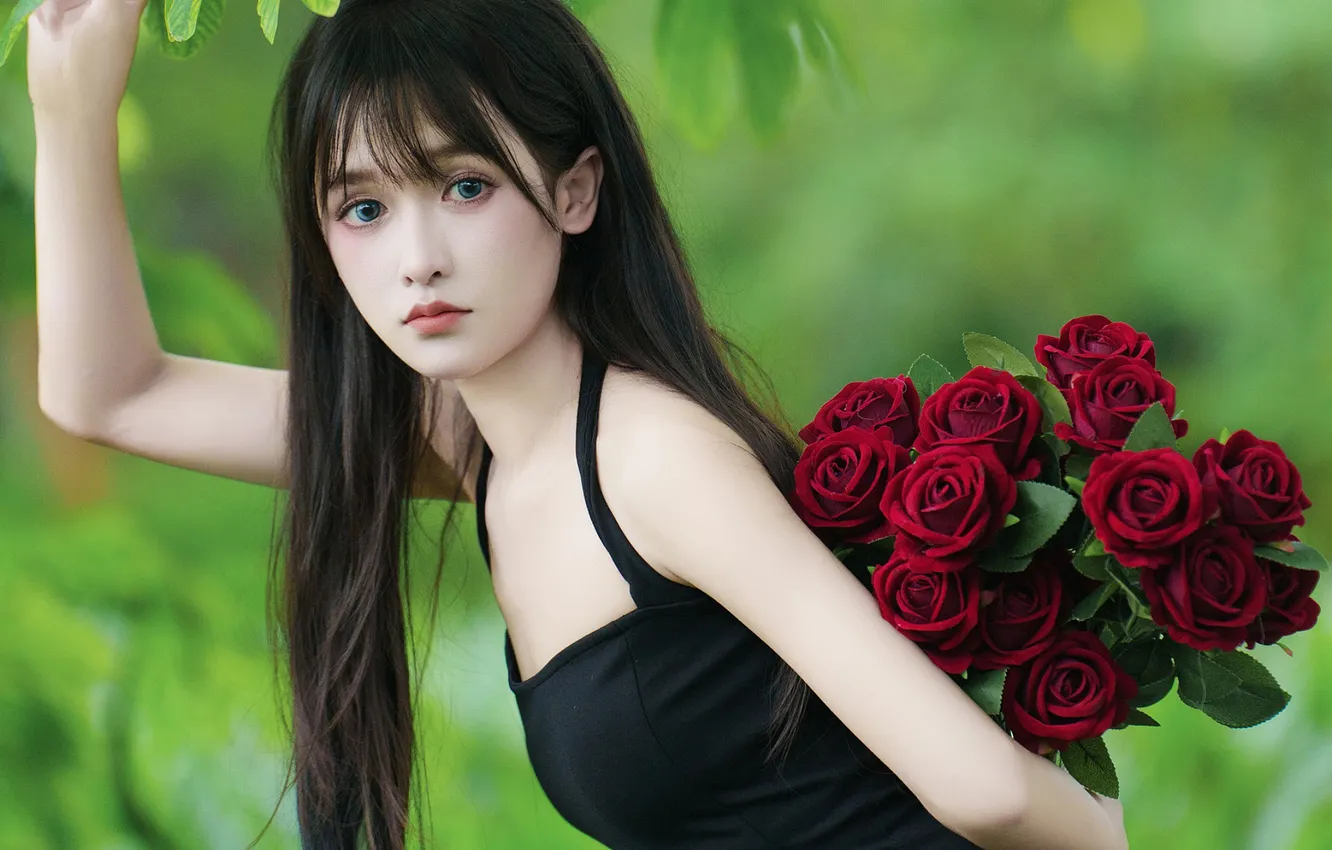 Photo wallpaper flower, woman, beautiful, model, pretty, asian, bouquet, roses
