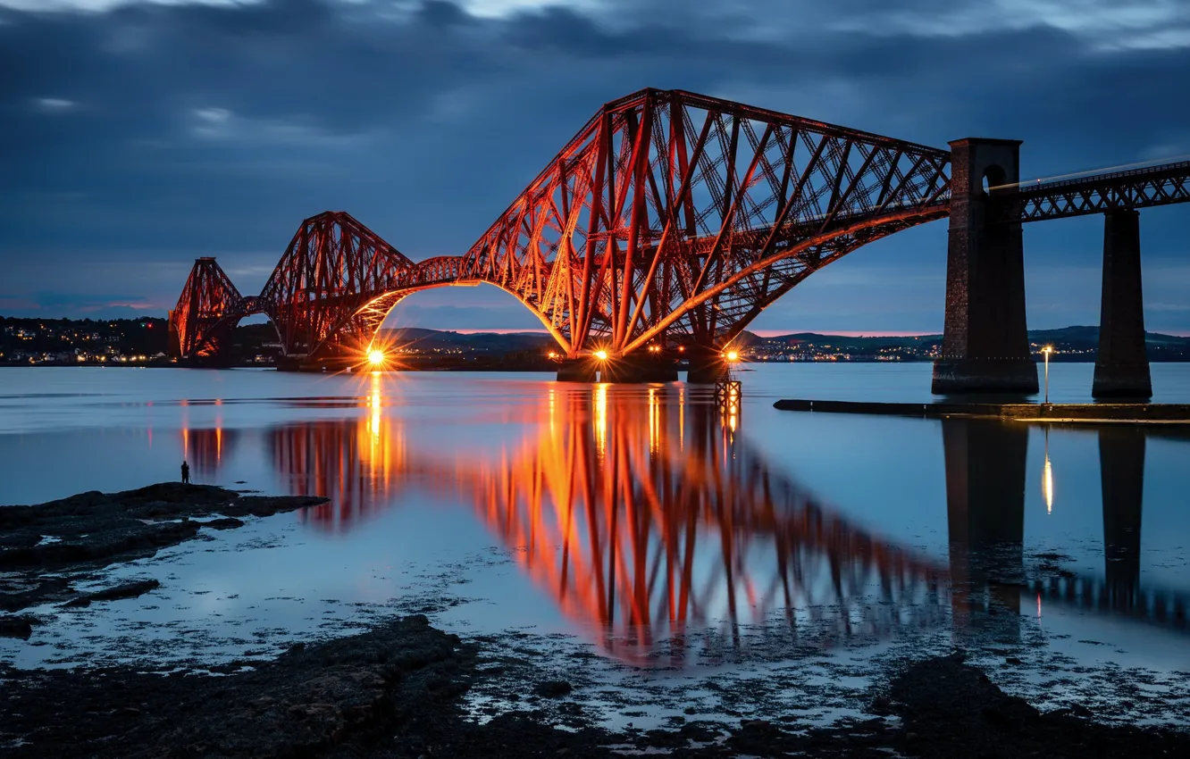 Photo wallpaper bridge, Scotland, reflection, Blue Hour, South Queensferry
