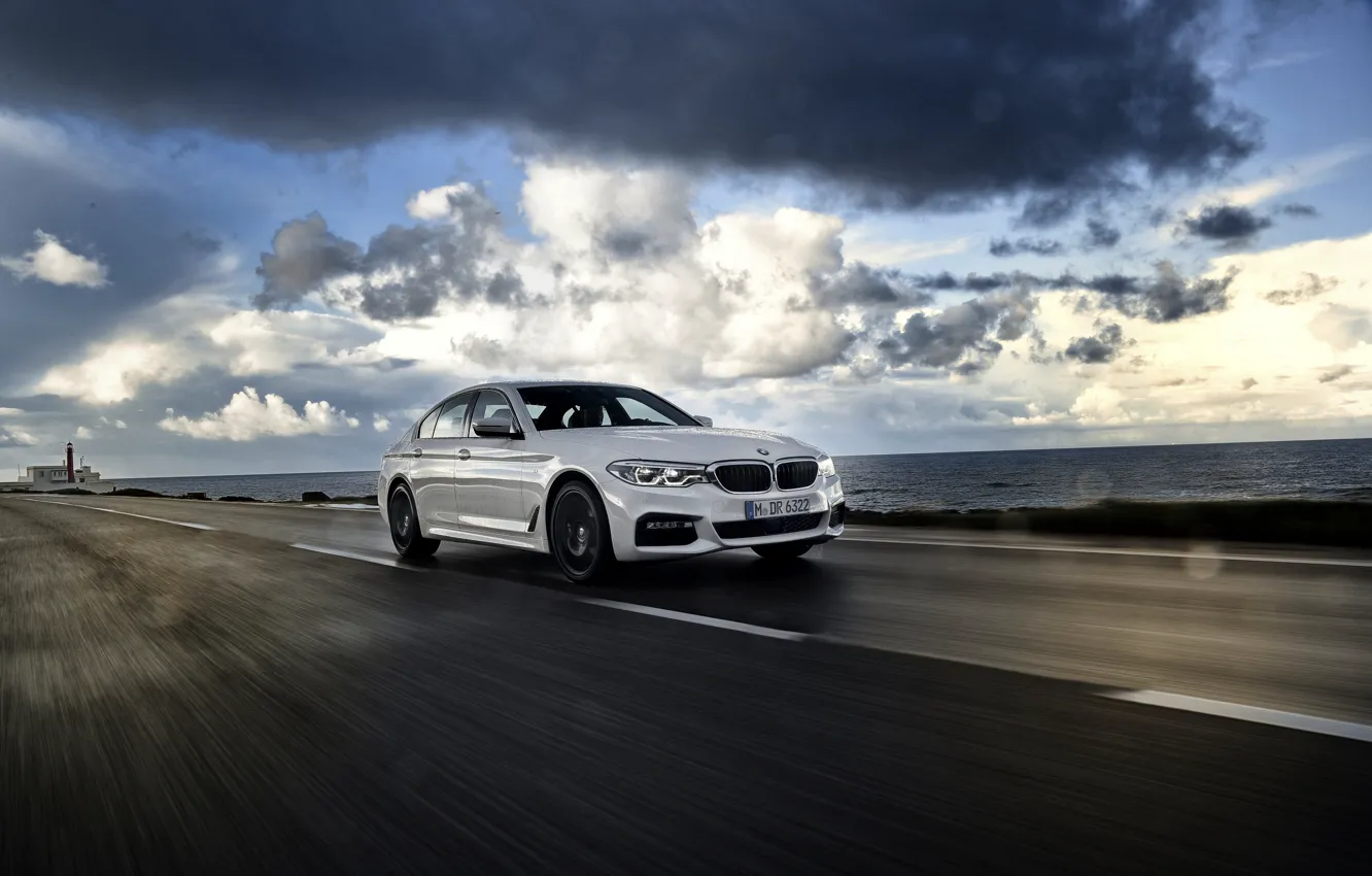 Photo wallpaper white, asphalt, rain, overcast, BMW, sedan, 540i, 5