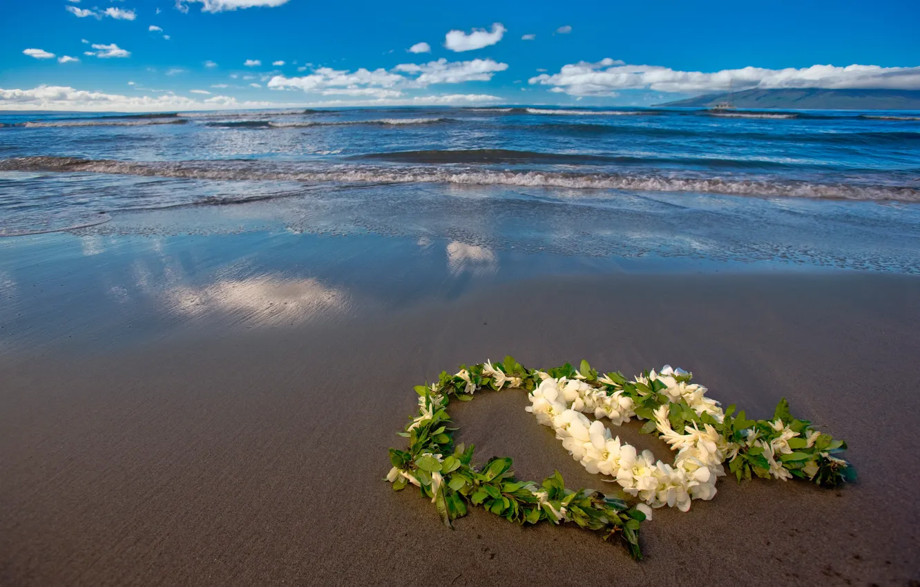 Photo wallpaper sand, sea, beach, the sky, leaves, clouds, flowers, heart
