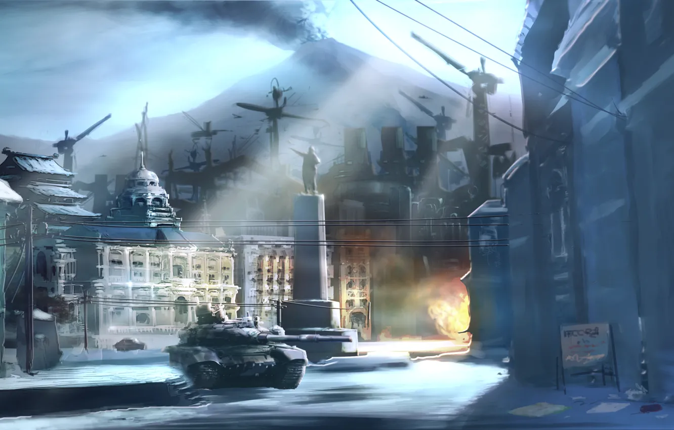 Photo wallpaper winter, snow, mountains, the city, smoke, the volcano, tank, Devil’s Third