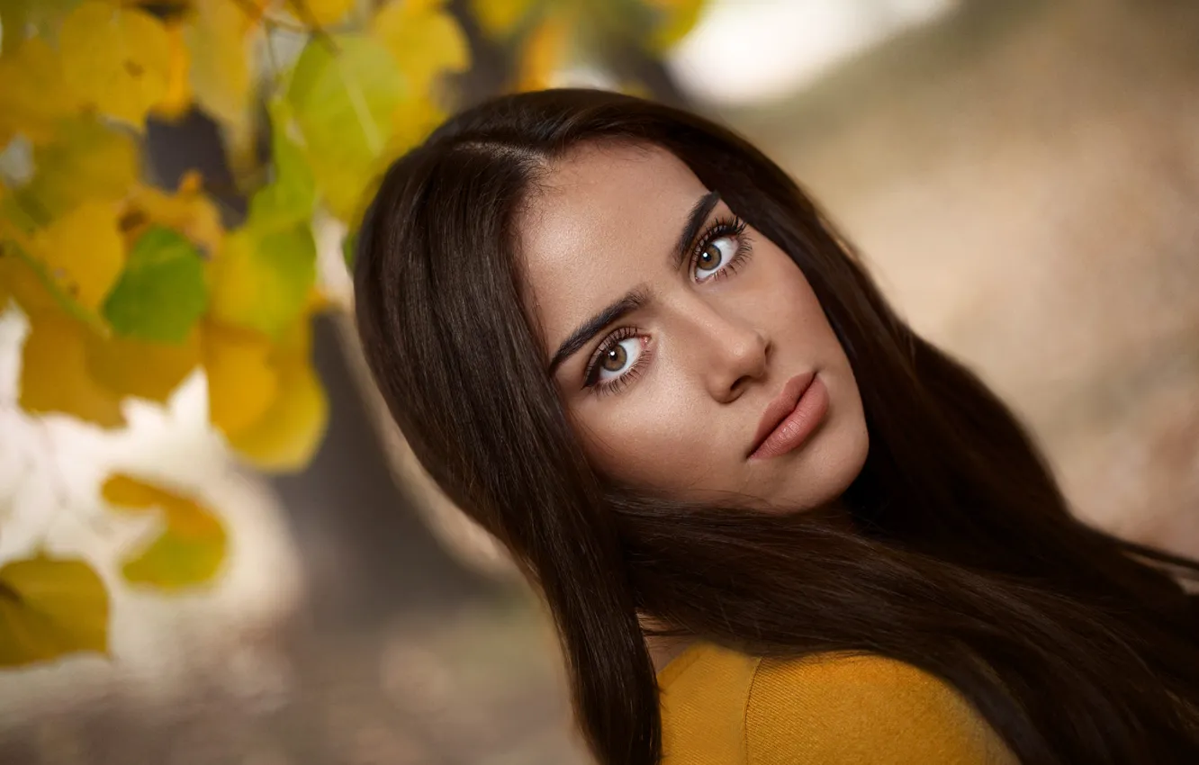 Photo wallpaper autumn, eyes, look, leaves, girl, face, background, portrait