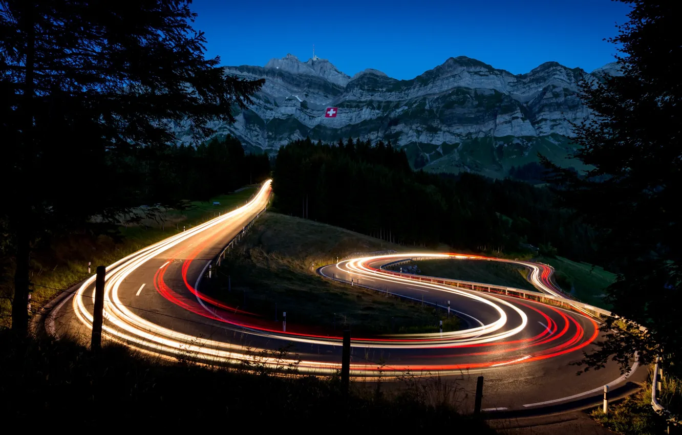 Photo wallpaper road, mountains, lights