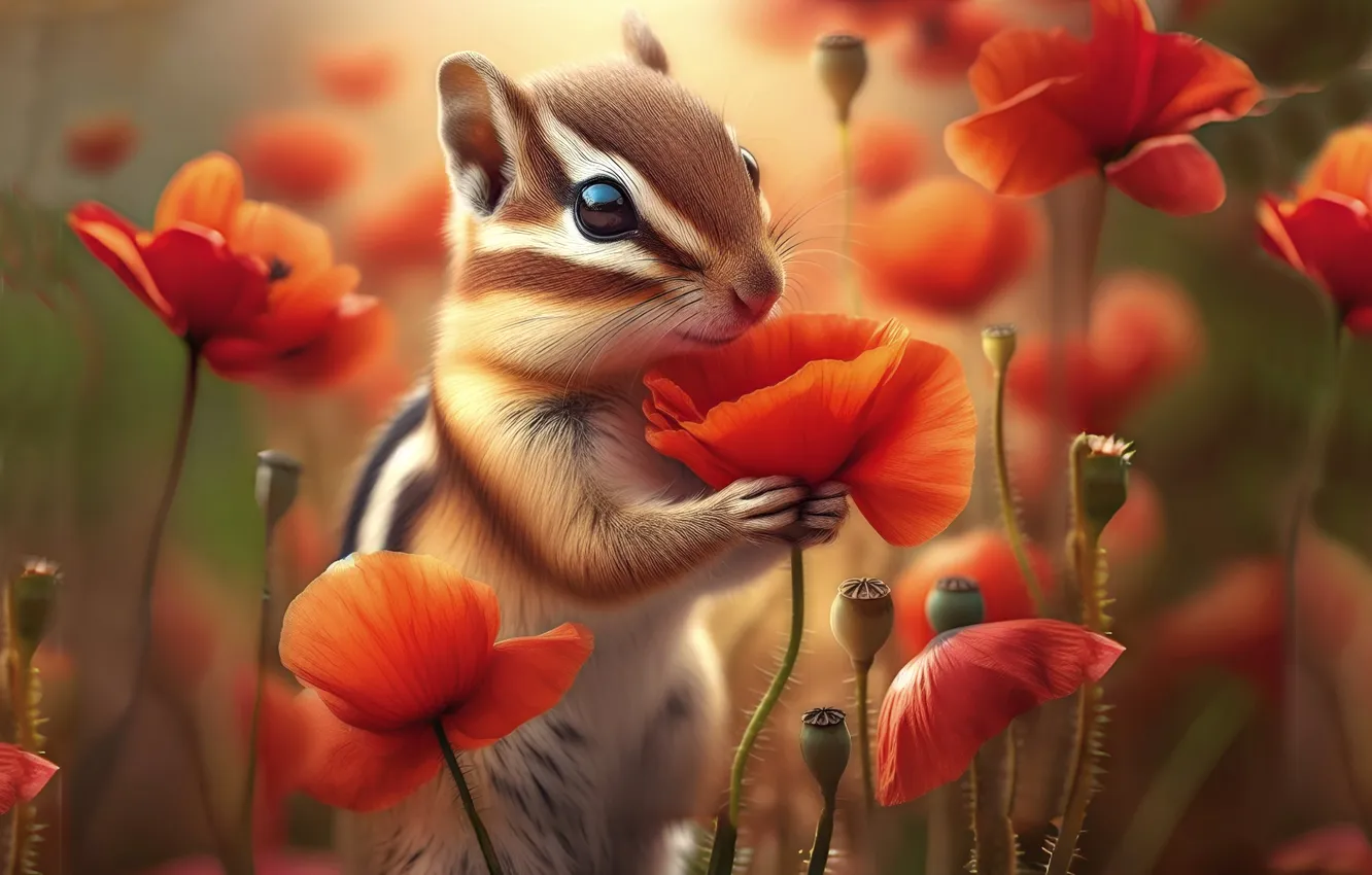 Photo wallpaper flowers, Chipmunk, AI art, Maki, neural network