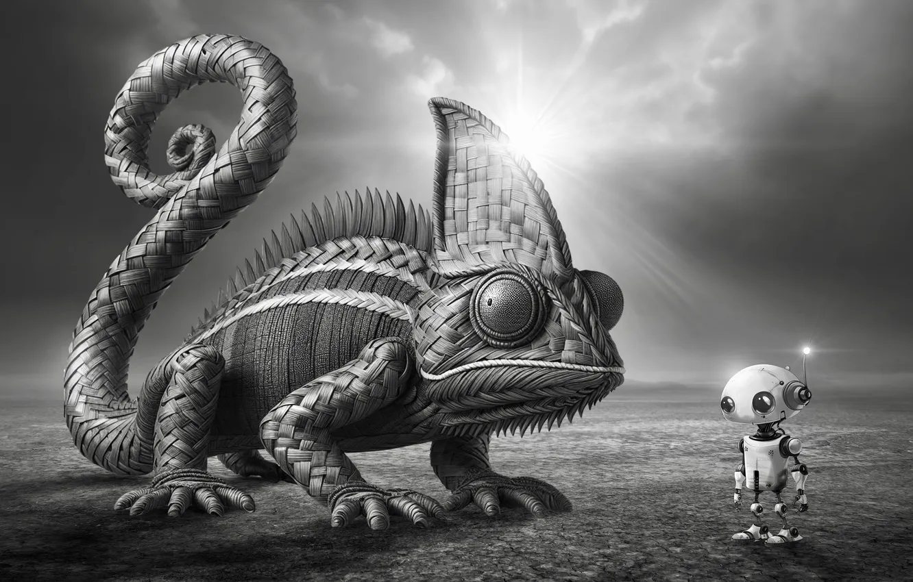 Photo wallpaper the sun, rays, chameleon, fantasy, fiction, robot, black and white, giant