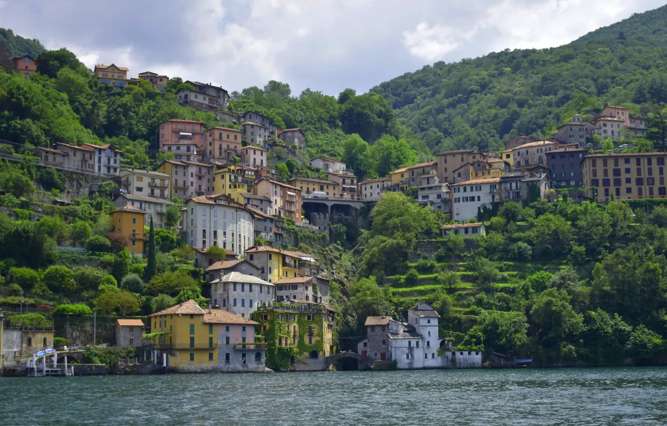 Photo wallpaper mountains, lake, home, Italy