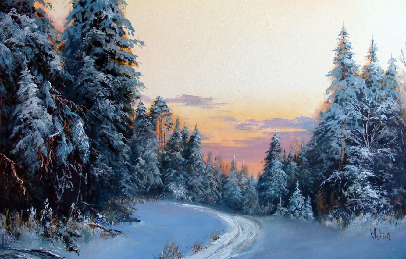 Photo wallpaper winter, snow, landscape, picture, painting, Winter forest, trees in the snow, Alexander Lednev