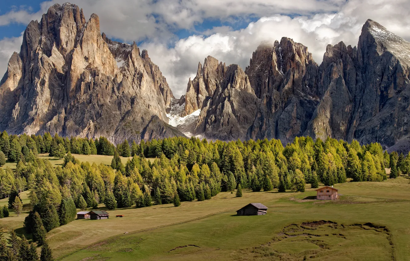 Photo wallpaper field, forest, mountains, rocks, height, Alps, house, The Dolomites