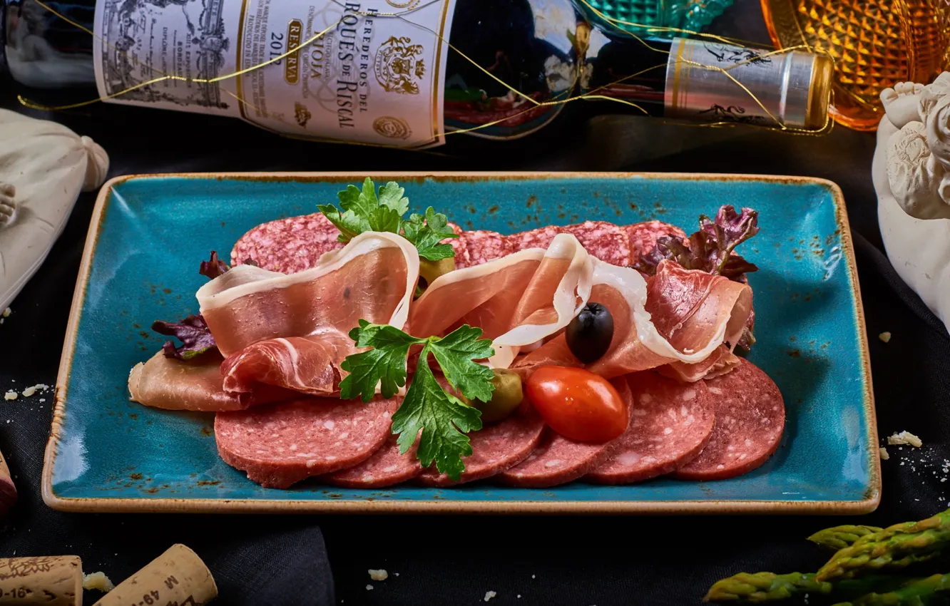 Photo wallpaper wine, meat, olives, parsley, sausage, ham