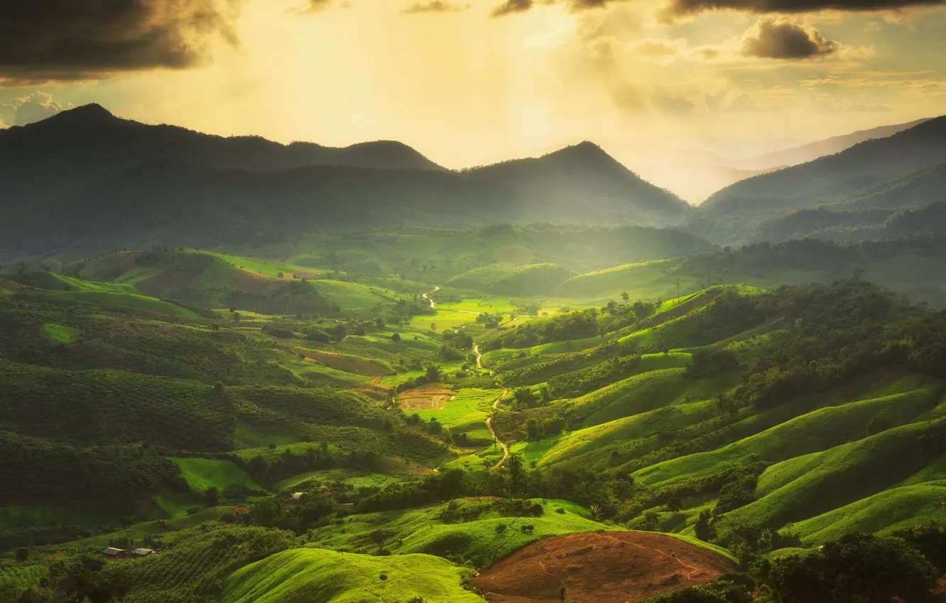 Photo wallpaper hills, clouds, farm, village, valley, trees, mountains, field