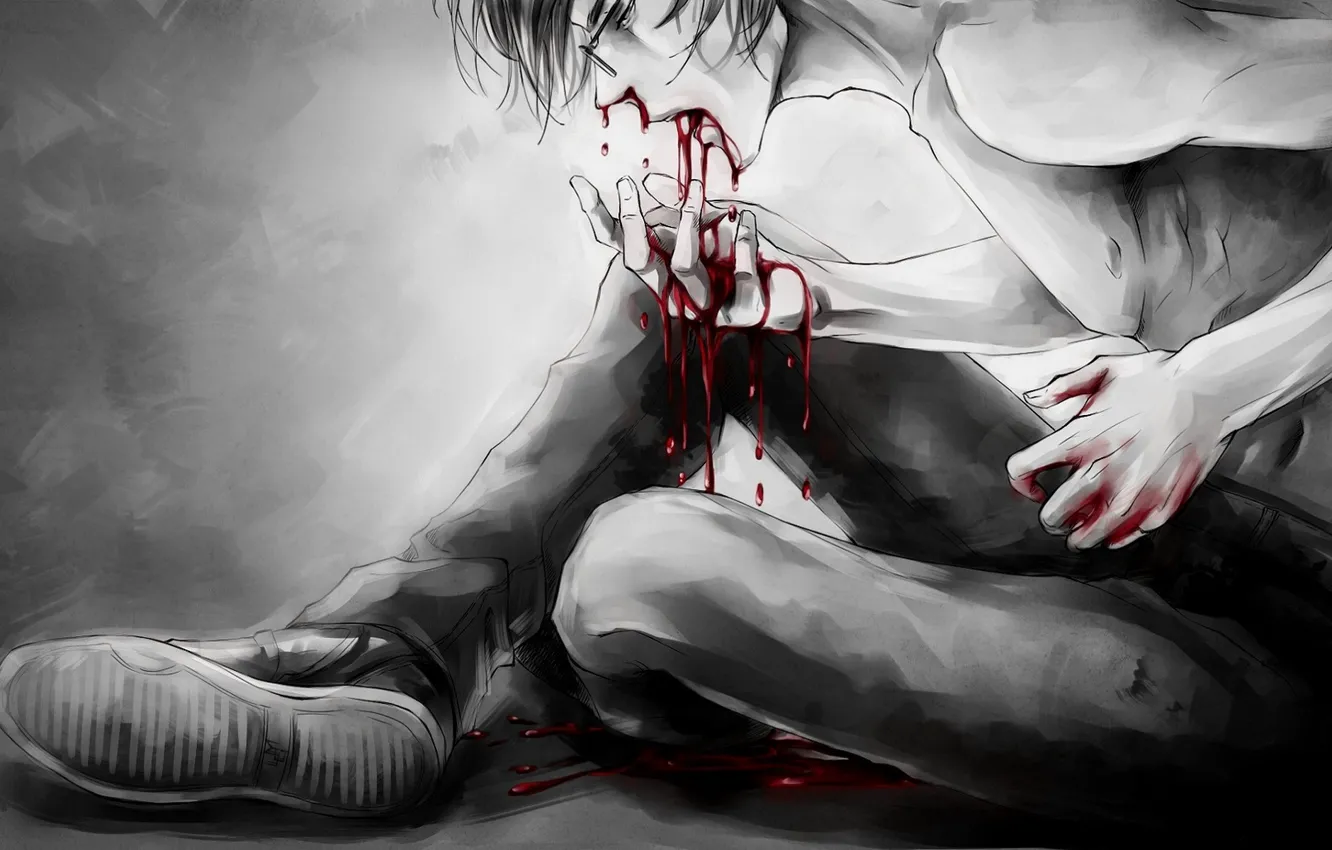 Photo wallpaper the victim, despair, pain, deadly, wounded, a pool of blood, the guy with the glasses
