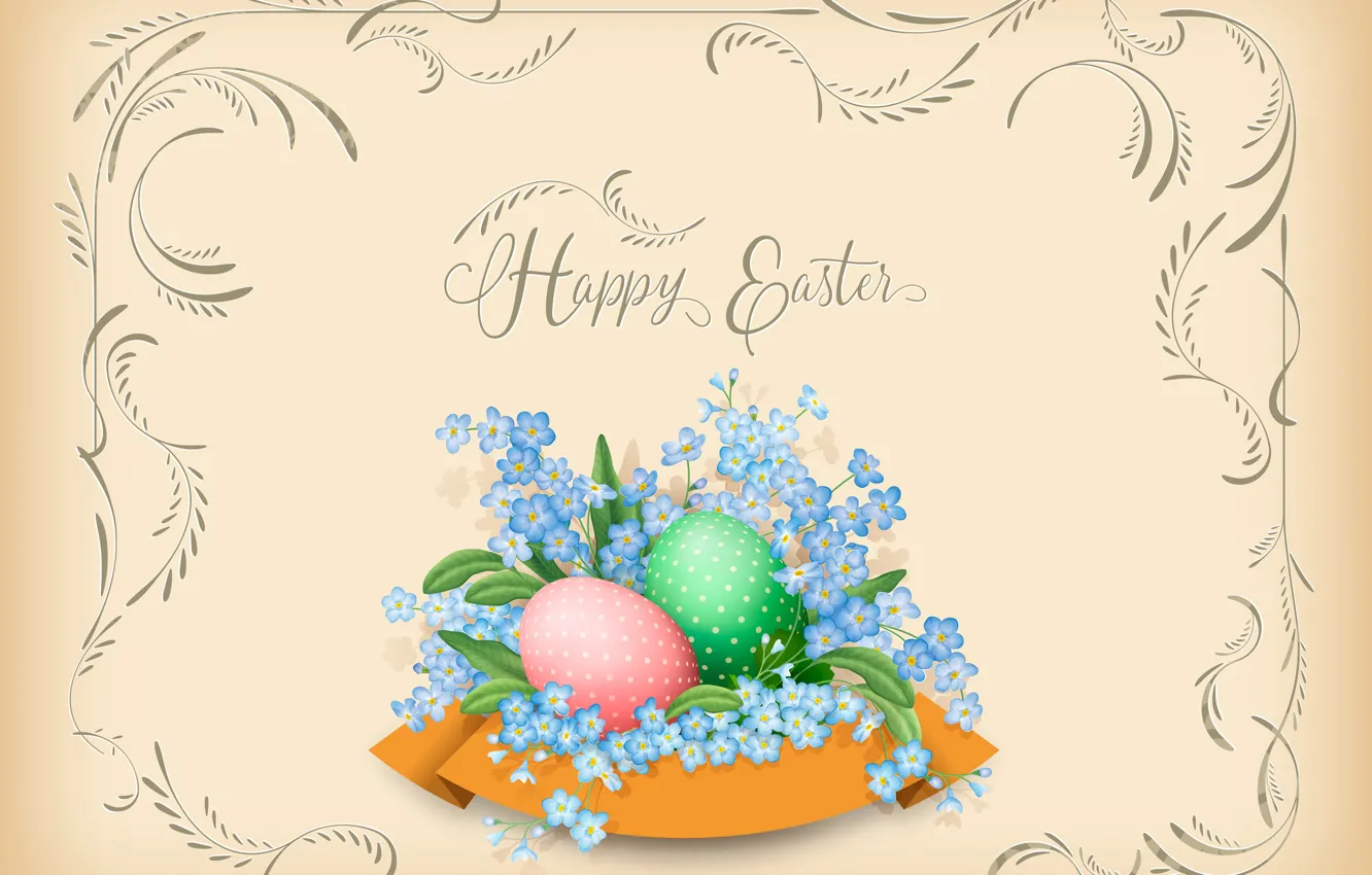 Photo wallpaper Easter, forget-me-nots, postcard, eggs