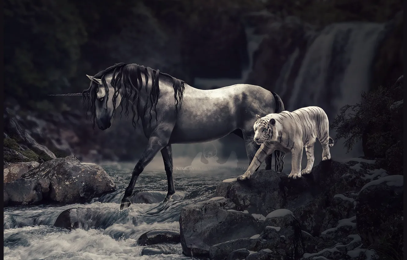 Photo wallpaper animals, mountains, nature, tiger, horse, unicorn, waterfalls, retouching
